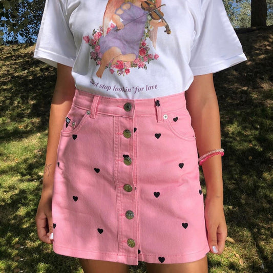 Jupe “Sweet Heart” – rose bonbon & cœurs noirs