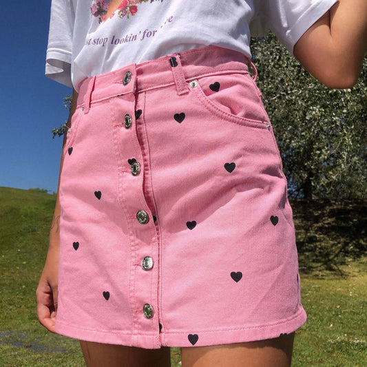 Jupe “Sweet Heart” – rose bonbon & cœurs noirs