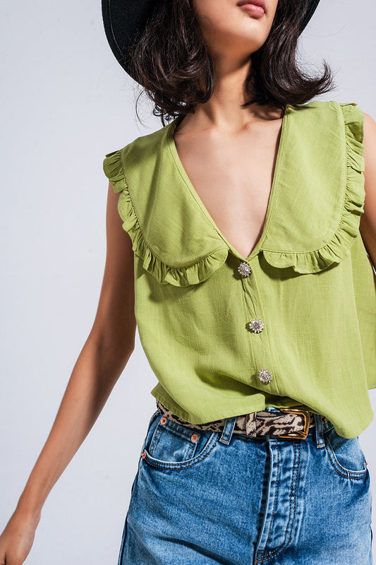Top Vert Citron – Col Volanté & Boutons Bijou