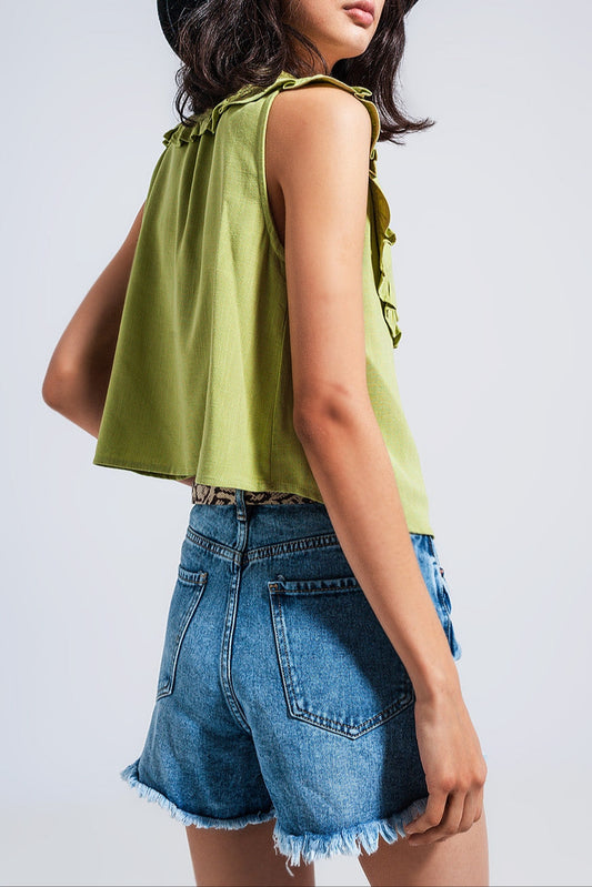 Top Vert Citron – Col Volanté & Boutons Bijou
